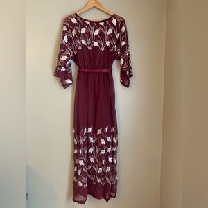 70s Victor Costa Maxi Dress sheer embroidered belted buttons down the back